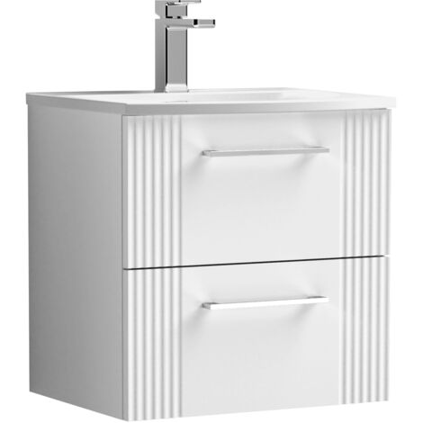 Belvide Partial Fluted 2 Drawer Wall Hung Vanity Unit with 1 Tap Hole Curved Basin- 500mm - Satin White
