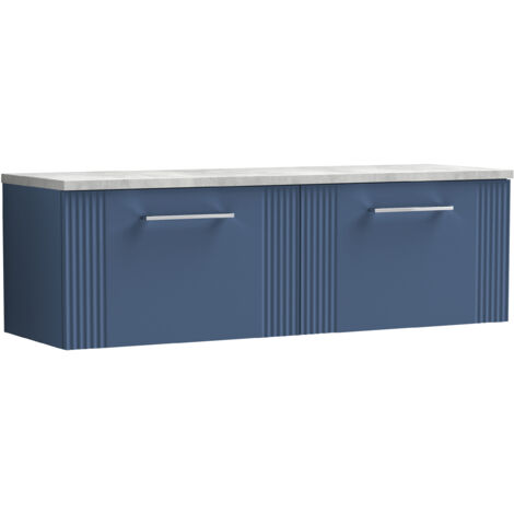 Belvide Partial Fluted 2 Drawer Wall Hung Vanity Unit with Bellato Grey Laminate Worktop - 1200mm - Satin Blue