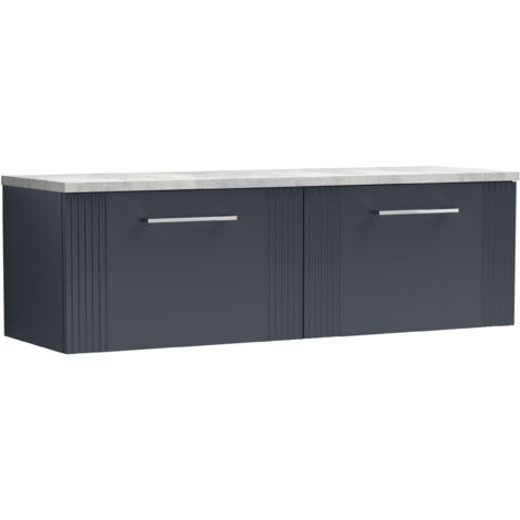 Belvide Partial Fluted 2 Drawer Wall Hung Vanity Unit with Bellato Grey Laminate Worktop - 1200mm - Satin Soft Black