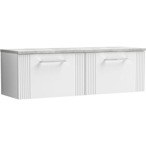 Belvide Partial Fluted 2 Drawer Wall Hung Vanity Unit with Bellato Grey Laminate Worktop - 1200mm - Satin White