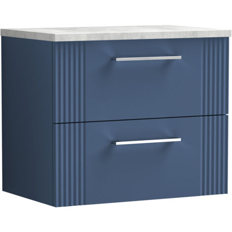 Belvide Partial Fluted 2 Drawer Wall Hung Vanity Unit with Bellato Grey Laminate Worktop - 600mm - Satin Blue