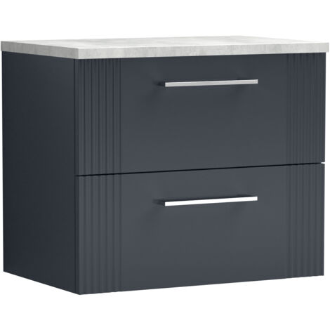 Belvide Partial Fluted 2 Drawer Wall Hung Vanity Unit with Bellato Grey Laminate Worktop - 600mm - Satin Dark Grey