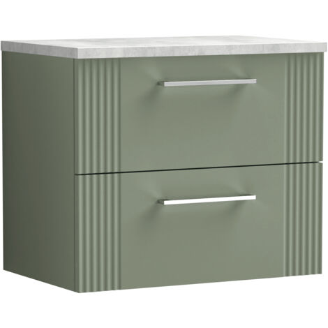 Belvide Partial Fluted 2 Drawer Wall Hung Vanity Unit with Bellato Grey Laminate Worktop - 600mm - Satin Green