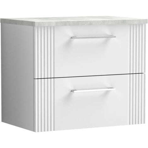 Belvide Partial Fluted 2 Drawer Wall Hung Vanity Unit with Bellato Grey Laminate Worktop - 600mm - Satin White