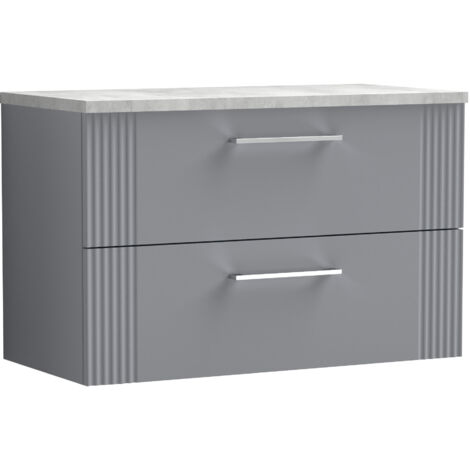Belvide Partial Fluted 2 Drawer Wall Hung Vanity Unit with Bellato Grey Laminate Worktop - 800mm - Satin Grey