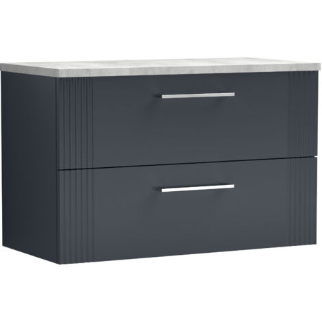 Belvide Partial Fluted 2 Drawer Wall Hung Vanity Unit with Bellato Grey Laminate Worktop - 800mm - Satin Soft Black
