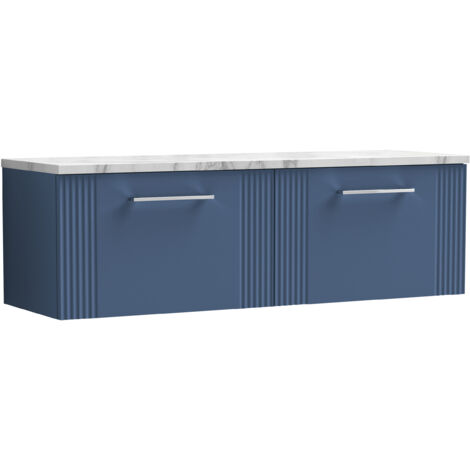 Belvide Partial Fluted 2 Drawer Wall Hung Vanity Unit with Carrera Marble Laminate Worktop - 1200mm - Satin Blue