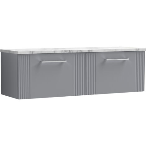 Belvide Partial Fluted 2 Drawer Wall Hung Vanity Unit with Carrera Marble Laminate Worktop - 1200mm - Satin Grey