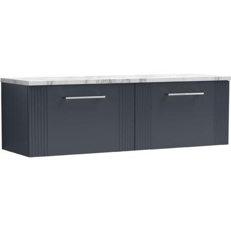 Belvide Partial Fluted 2 Drawer Wall Hung Vanity Unit with Carrera Marble Laminate Worktop - 1200mm - Satin Soft Black