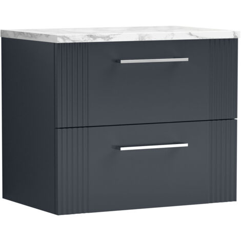 Belvide Partial Fluted 2 Drawer Wall Hung Vanity Unit with Carrera Marble Laminate Worktop - 600mm - Satin Dark Grey