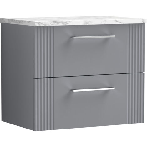 Belvide Partial Fluted 2 Drawer Wall Hung Vanity Unit with Carrera Marble Laminate Worktop - 600mm - Satin Grey