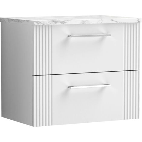 Belvide Partial Fluted 2 Drawer Wall Hung Vanity Unit with Carrera Marble Laminate Worktop - 600mm - Satin White