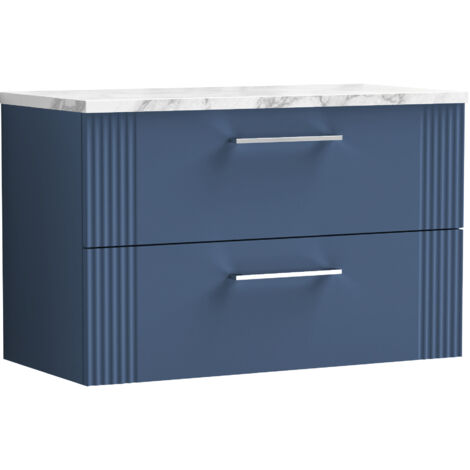 Belvide Partial Fluted 2 Drawer Wall Hung Vanity Unit with Carrera Marble Laminate Worktop - 800mm - Satin Blue