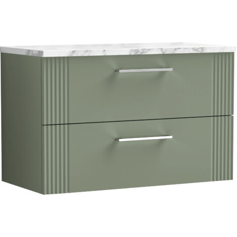 Belvide Partial Fluted 2 Drawer Wall Hung Vanity Unit with Carrera Marble Laminate Worktop - 800mm - Satin Green