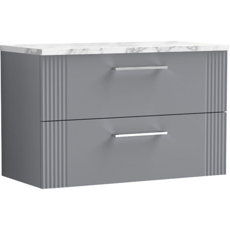 Belvide Partial Fluted 2 Drawer Wall Hung Vanity Unit with Carrera Marble Laminate Worktop - 800mm - Satin Grey