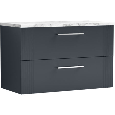 Belvide Partial Fluted 2 Drawer Wall Hung Vanity Unit with Carrera Marble Laminate Worktop - 800mm - Satin Soft Black