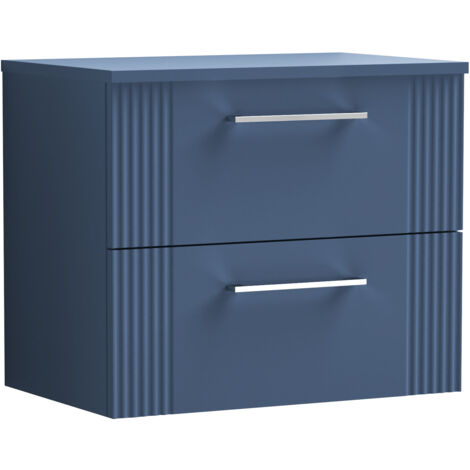 Belvide Partial Fluted 2 Drawer Wall Hung Vanity Unit with Colour Coordinating Laminate Worktop - 600mm - Satin Blue