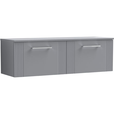 Belvide Partial Fluted 2 Drawer Wall Hung Vanity Unit with Colour Coordinating Worktop - 1200mm - Satin Grey