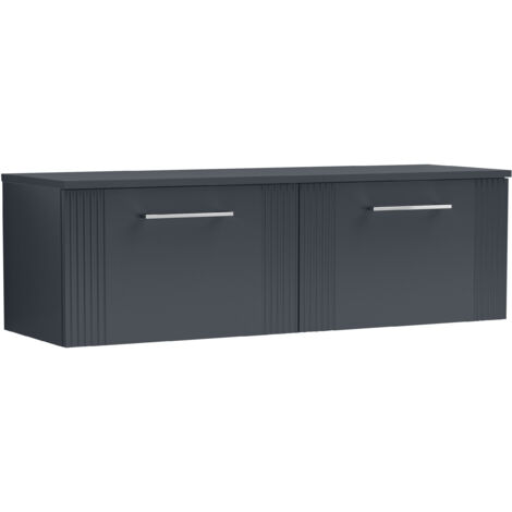 Belvide Partial Fluted 2 Drawer Wall Hung Vanity Unit with Colour Coordinating Worktop - 1200mm - Satin Soft Black