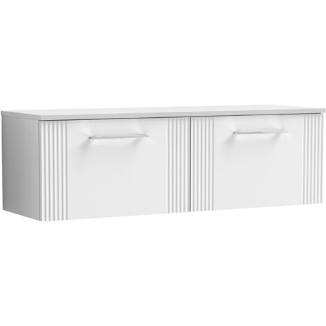 Belvide Partial Fluted 2 Drawer Wall Hung Vanity Unit with Colour Coordinating Worktop - 1200mm - Satin White