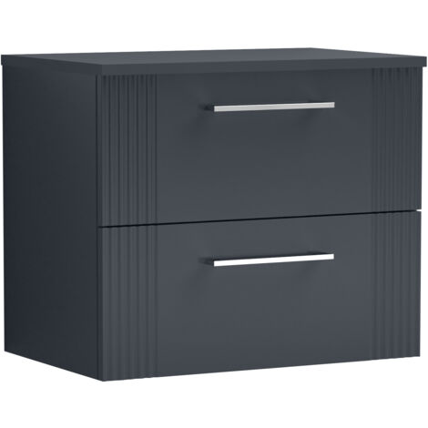 Belvide Partial Fluted 2 Drawer Wall Hung Vanity Unit with Colour Coordinating Worktop - 600mm - Dark Grey