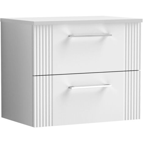 Belvide Partial Fluted 2 Drawer Wall Hung Vanity Unit with Colour Coordinating Worktop - 600mm - Satin White