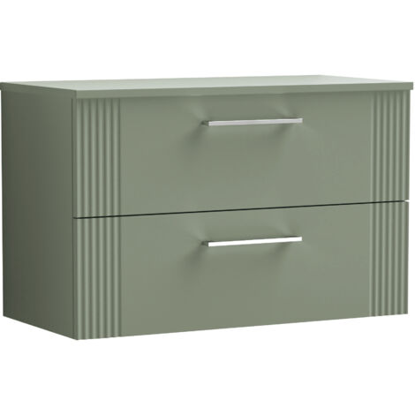 Belvide Partial Fluted 2 Drawer Wall Hung Vanity Unit with Colour Coordinating Worktop - 800mm - Satin Green