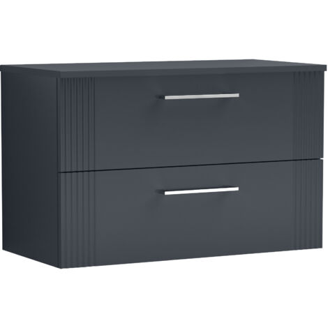 Belvide Partial Fluted 2 Drawer Wall Hung Vanity Unit with Colour Coordinating Worktop - 800mm - Satin Soft Black