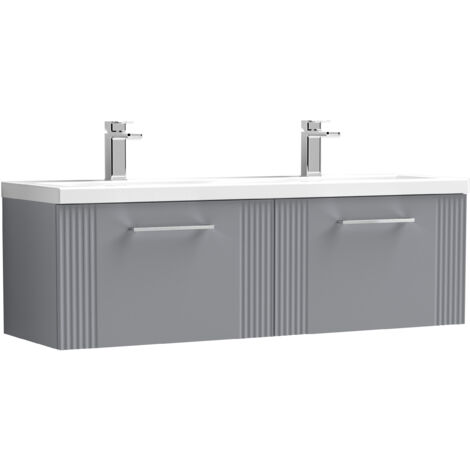 Belvide Partial Fluted 2 Drawer Wall Hung Vanity Unit with Double Ceramic Basin - 1200mm - Satin Grey