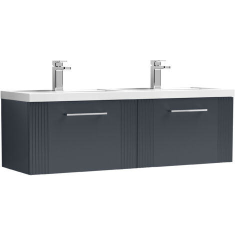 Belvide Partial Fluted 2 Drawer Wall Hung Vanity Unit with Double Polymarble Basin - 1200mm - Satin Dark Grey