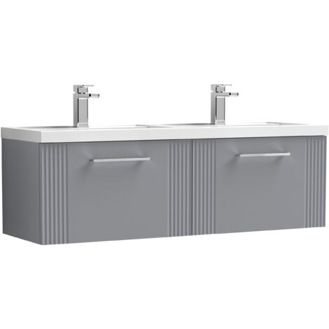 Belvide Partial Fluted 2 Drawer Wall Hung Vanity Unit with Double Polymarble Basin - 1200mm - Satin Grey