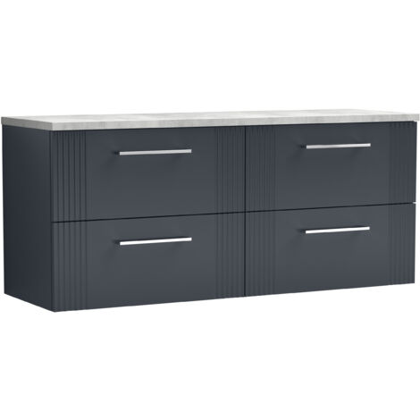 Belvide Partial Fluted 4 Drawer Wall Hung Vanity Unit with Bellato Grey Laminate Worktop - 1200mm - Satin Dark Grey