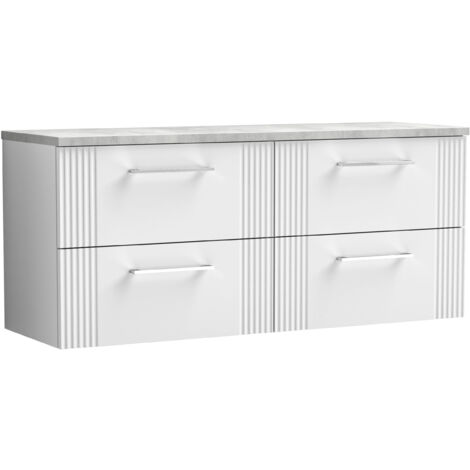 Belvide Partial Fluted 4 Drawer Wall Hung Vanity Unit with Bellato Grey Laminate Worktop - 1200mm - Satin White