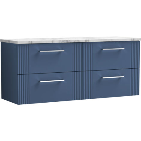 Belvide Partial Fluted 4 Drawer Wall Hung Vanity Unit with Carrera Marble Laminate Worktop - 1200mm - Satin Blue