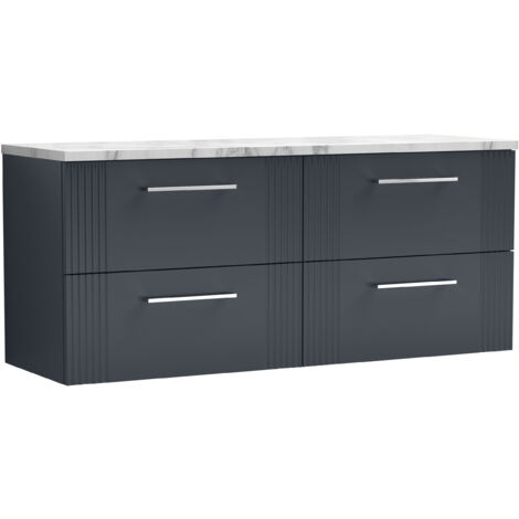 Belvide Partial Fluted 4 Drawer Wall Hung Vanity Unit with Carrera Marble Laminate Worktop - 1200mm - Satin Dark Grey