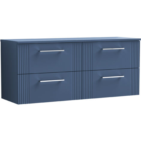 Belvide Partial Fluted 4 Drawer Wall Hung Vanity Unit with Colour Coordinating Laminate Worktop - 1200mm - Satin Blue