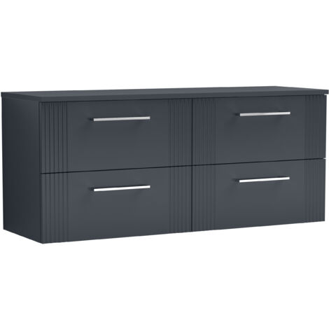Belvide Partial Fluted 4 Drawer Wall Hung Vanity Unit with Colour Coordinating Worktop - 1200mm - Satin Dark Grey