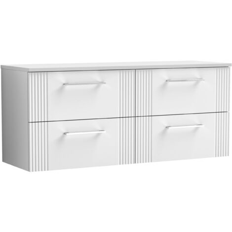 Belvide Partial Fluted 4 Drawer Wall Hung Vanity Unit with Colour Coordinating Worktop - 1200mm - Satin White