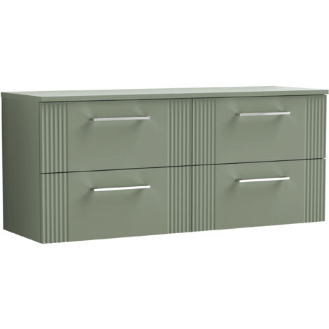 Belvide Partial Fluted 4 Drawer Wall Hung Vanity Unit with Colour Coordinating Worktop - 600mm - Satin Green
