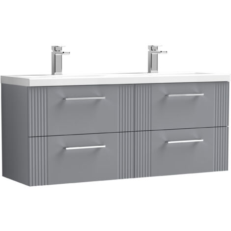Belvide Partial Fluted 4 Drawer Wall Hung Vanity Unit with Double Ceramic Basin - 1200mm - Satin Grey