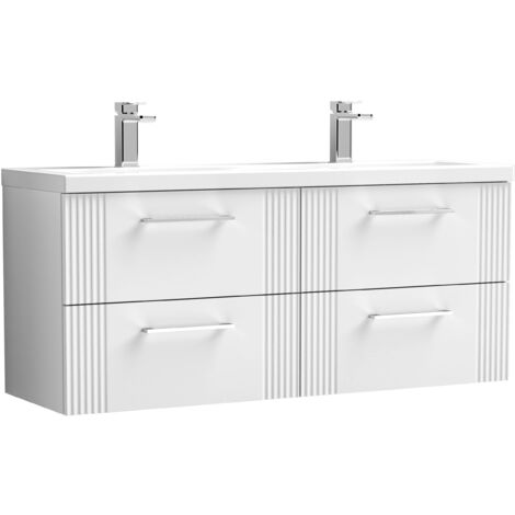 Belvide Partial Fluted 4 Drawer Wall Hung Vanity Unit with Double Ceramic Basin - 1200mm - Satin White