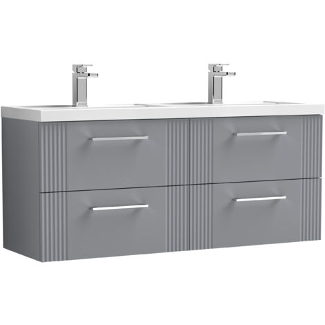 Belvide Partial Fluted 4 Drawer Wall Hung Vanity Unit with Double Polymarble Basin - 1200mm - Satin Grey