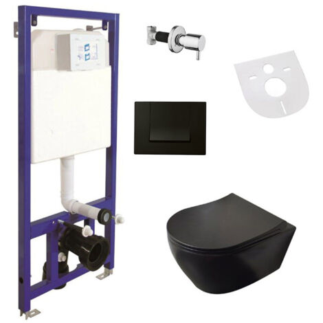 Belvit Spülrandloses Hänge-WC Komplettset Taharet-/Bidetfunktion Softclose-Deckel Vorwandelement Schwarz Matt Schallschutz
