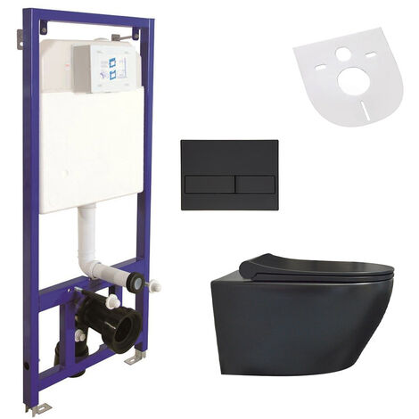 Belvit WC Schwarz Matt Spülrandlos Wand WC - Komplettset mit Vorwandelement, Betätigungsplatte Softclose Deckel Schallschutz