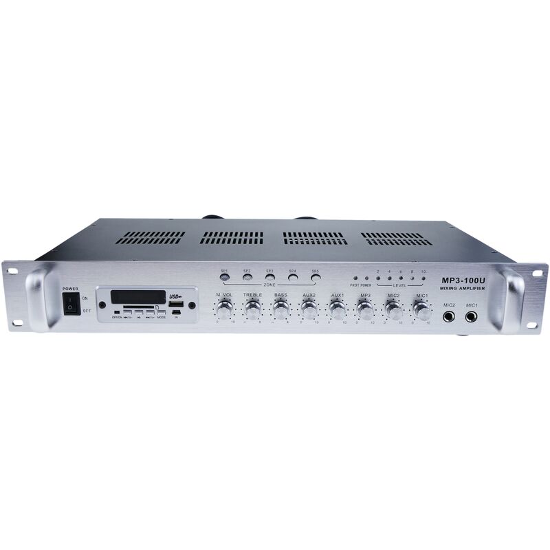 

BeMatik - Amplificador para sonorización profesional de 100W 110V 5 zonas con MIC AUX FM MP3 rack