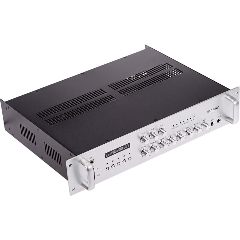 

Amplificador para sonorización profesional de 80W 110V 3 zonas con MIC AUX MP3 rack - Bematik