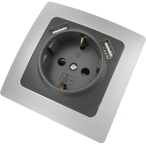 BeMatik - Base de prise pour schuko avec USB 2 x A femelle 80x80mm Lille pour l'intégration argent et gris