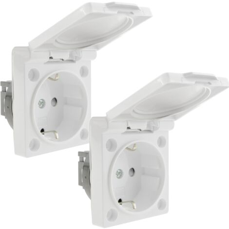 BeMatik - Einbau-Schuko-Steckdosensockel IP44 mit Schraube und weißer Abdeckung, 2er-Pack
