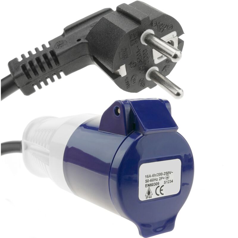 

Enchufe industrial Adaptador CETAC hembra a SCHUKO macho 2P+T 16A 250V IP44 IEC-60309 cable 1m - Bematik
