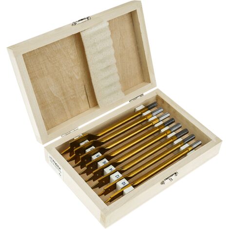 BeMatik - Flat wood drill bit set with wooden storage case with 8 spade bits